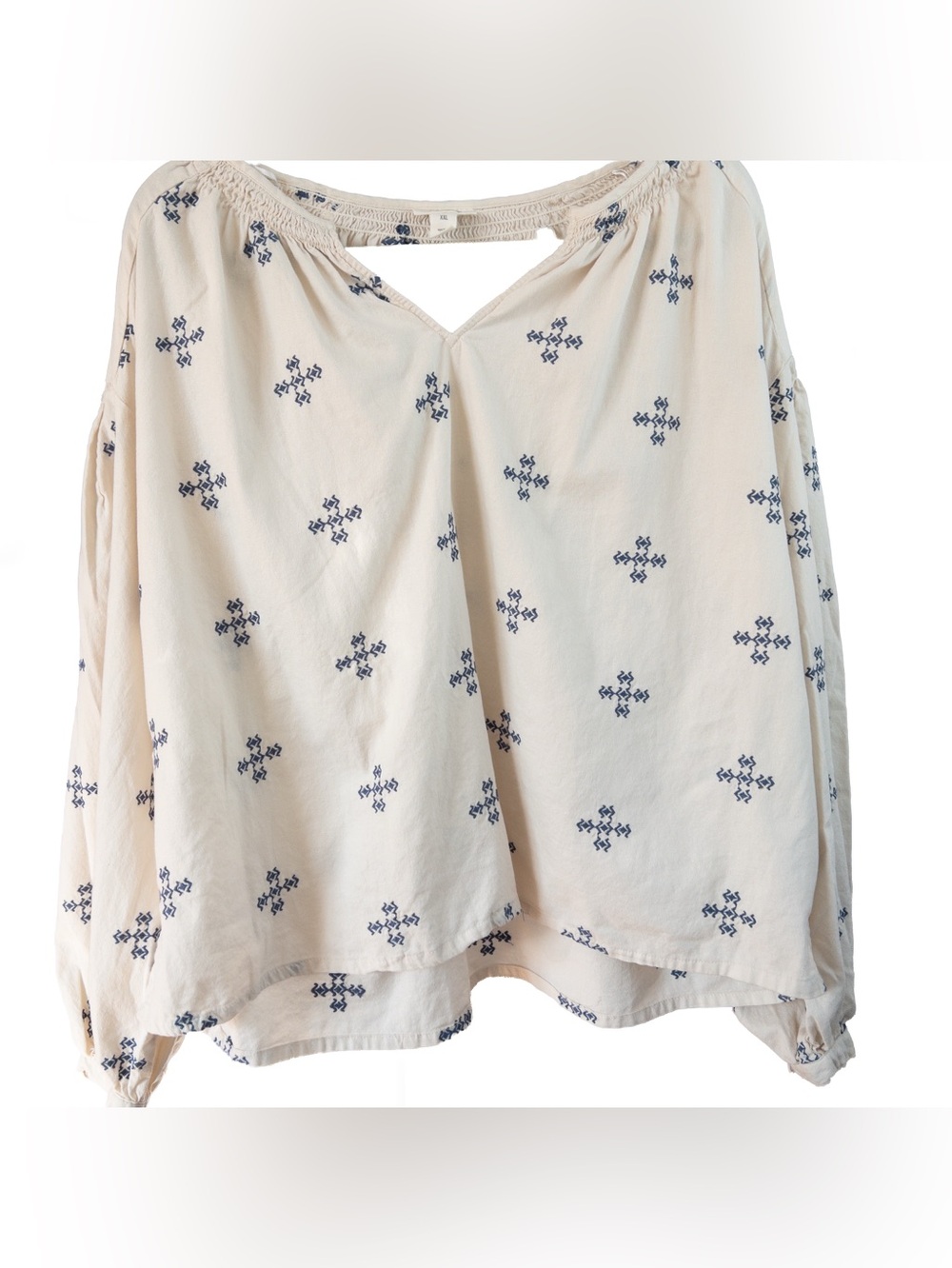 a.n.a A New Approach XXL Cream Blue Embroidered Boho Peasant Blouse